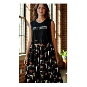 Harley Davidson Western Upcycled Sleeveless T-Shirt Maxi Skirt Dress